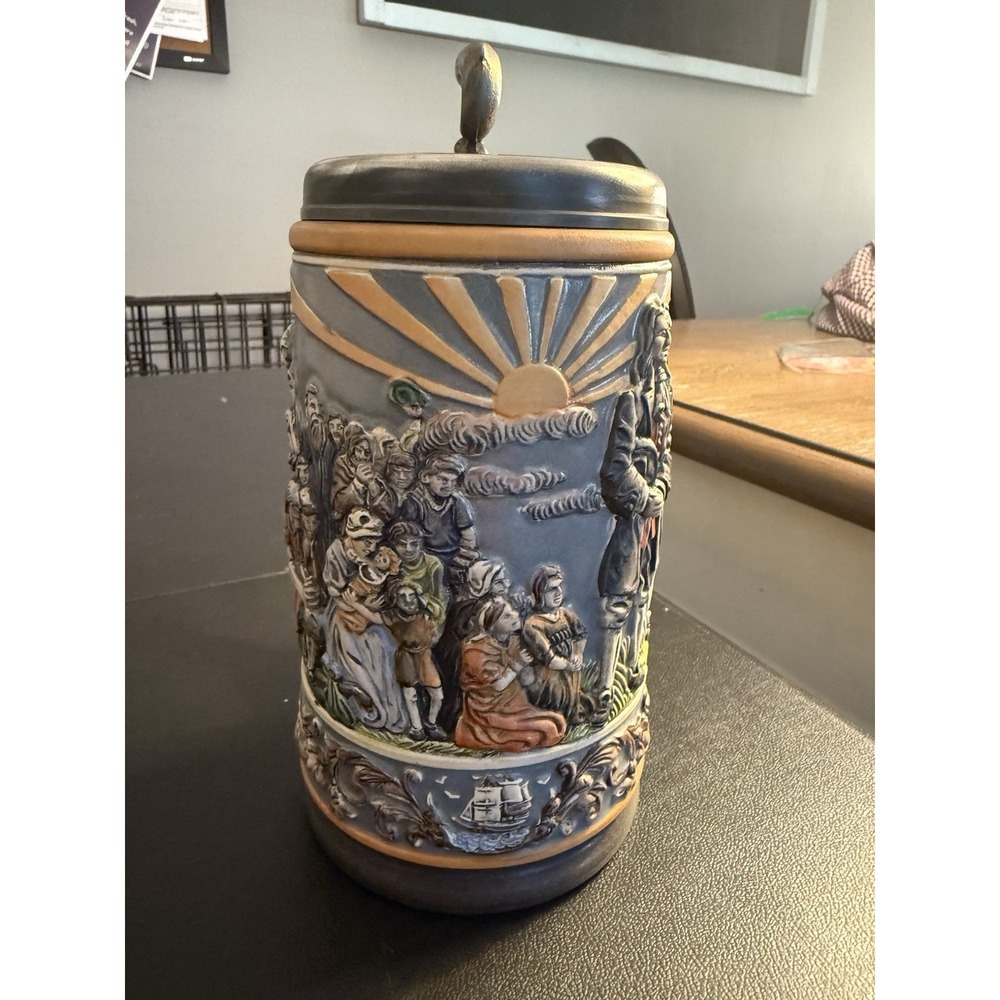 Gerz Germany Pilgrims Beer Stein Ltd Ed 1333/5000 Pewter Lid 1987 Dolphin Finial